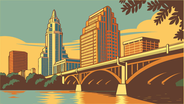 Austin skyline vector with bridge and river