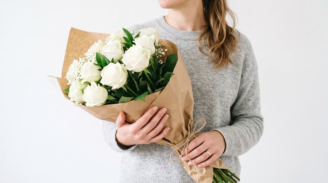 Woman holding a bouquet of fresh white roses wrapped in brown paper tied with twine