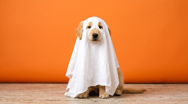 Golden Retriever Puppy Dressed as Ghost in White Sheet Costume on Orange Background