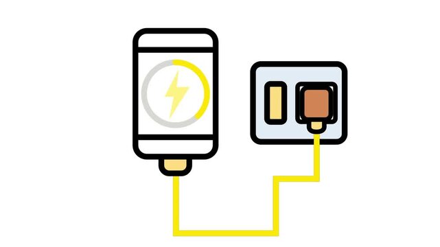 Animated icon of a smartphone connected to a wall plug charging battery on a white background.