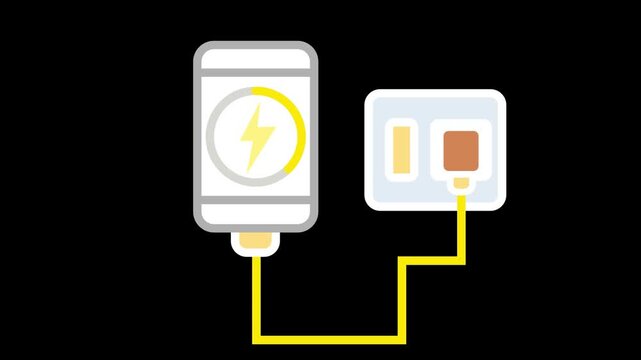 Animated icon of a smartphone connected to a wall plug charging battery on a black background.