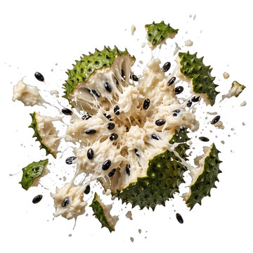 Exploding soursop fruit with white flesh and black seeds splashing isolated on white background fruit splash tropical fruit exotic fruit explosion