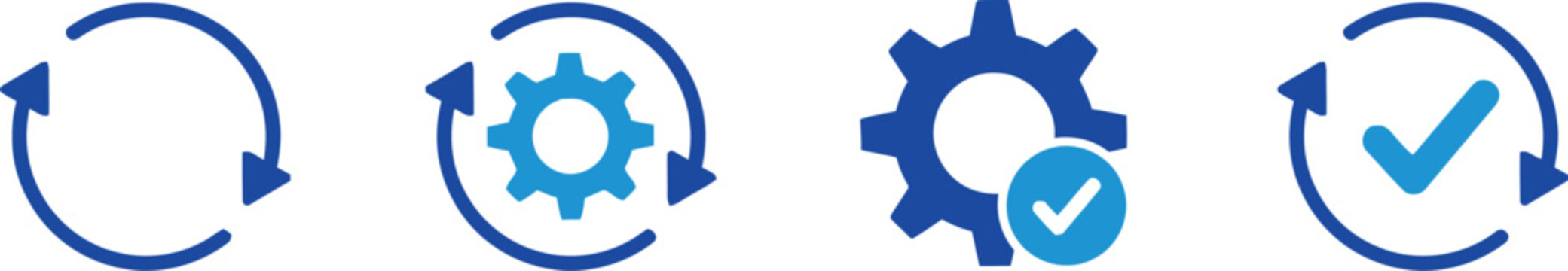 Sync process, icon reload set, circle arrow with gear wheel, recycling recurrence, renewal refresh processing icons, settings, update with a checkmark