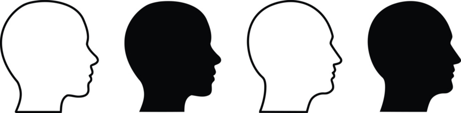 Human head silhouette in outline and solid style, woman and man heads side view, user avatar symbols, profile person sign