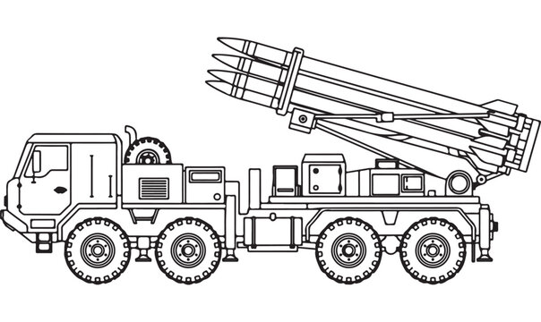Military missile launcher truck vector illustration outline drawing for coloring book