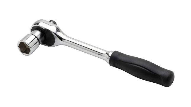 Professional socket wrench with black handle, chrome ratchet tool for automotive repair, mechanical hand tool on white background