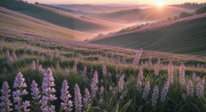 A vast countryside meadow stretches across gently rolling hills, completely covered with thousands of vibrant purple wildflowers in full bloom during a breathtaking golden sunrise. Soft early-morning 