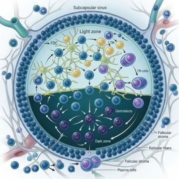 The lymphatic system highlighting lymph nodes and B cells, detailing their role in immune drainage and cellular function.