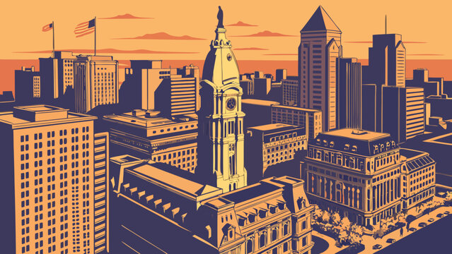 Philadelphia skyline vector with city hall and buildings