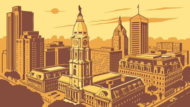 Philadelphia skyline vector illustration of historic city landmarks