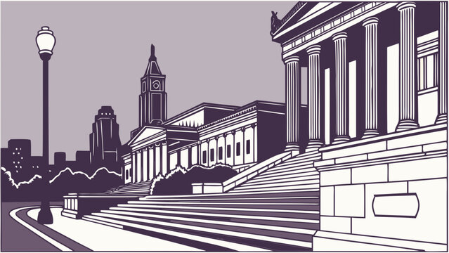 Philadelphia skyline vector with historic building stairs