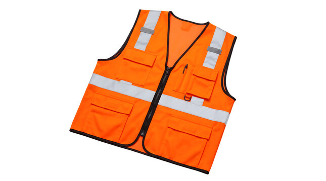 Orange high visibility safety vest with reflective silver stripes, industrial workwear waistcoat with pockets, protective gear for construction