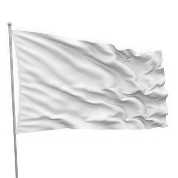 A single plain white flag waving in the wind on a metal pole