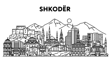 Naklejka premium Shkodr Cityscape Black and White Illustration Albania