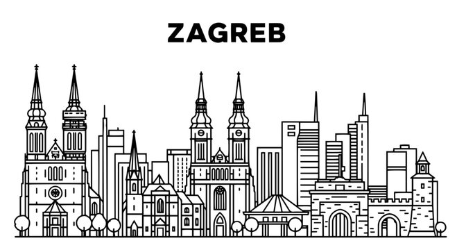 Zagreb Croatia Cityscape Line Art Landmark Illustration