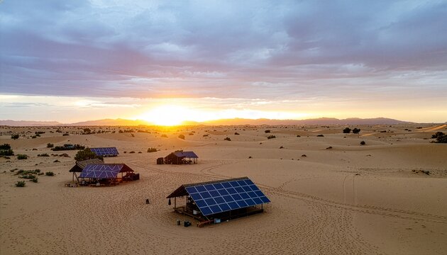 Sustainable solar energy camp in desert landscape at sunset