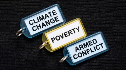 Fototapeta premium Three plastic key tags with printed labels displaying global crisis topics including climate change poverty and armed conflict arranged neatly together on dark textured surface