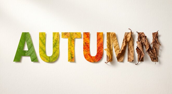 Autumn text made with colorful leaves and natural textures
