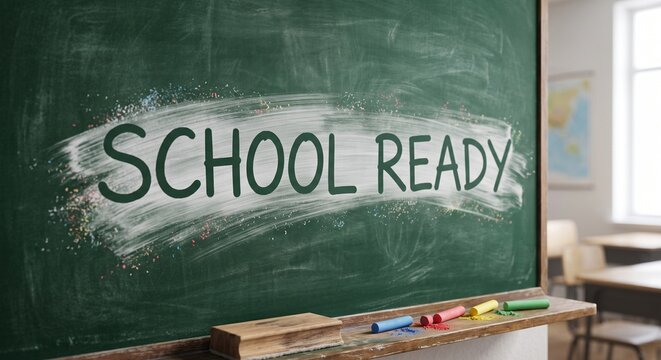 School Ready text written on classroom chalkboard