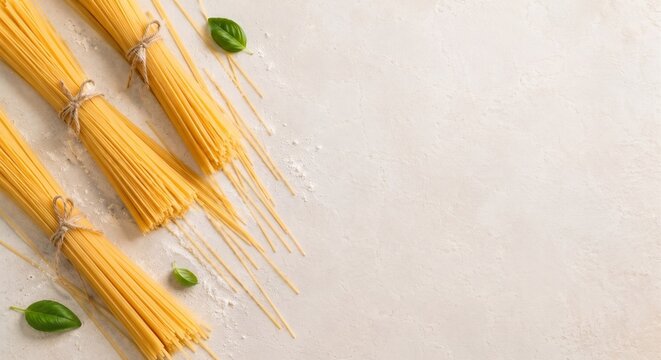 Uncooked spaghetti bundles with basil and copy space