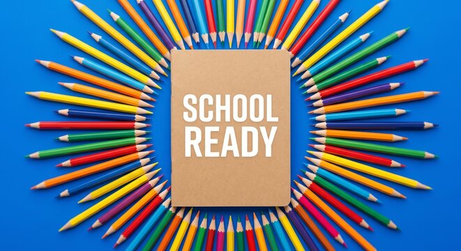 School Ready notebook surrounded by colorful pencils