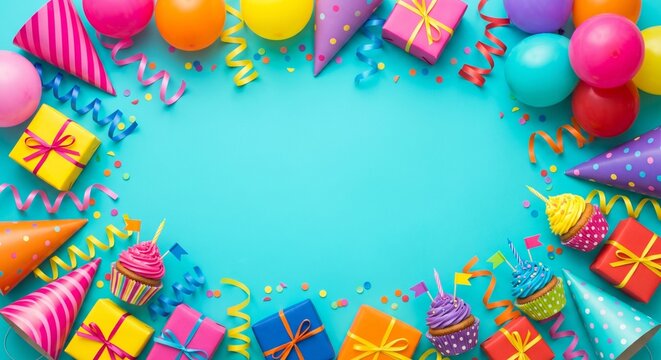 Colorful birthday party border with gifts and balloons