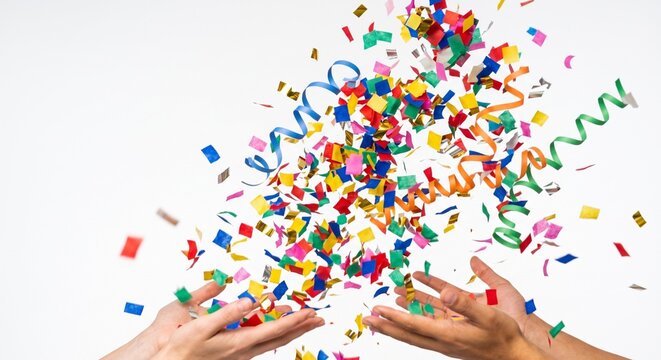 Hands tossing colorful confetti on white background