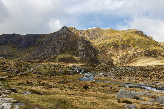 Welsh Mountain landscape with water streaming down Cwm Idwal, Snowdonia National Park, North Wales