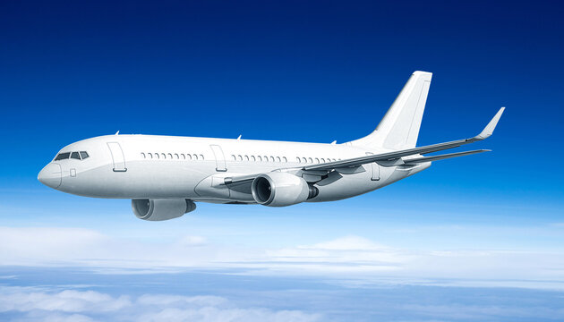 Blank white passenger plane flying high in bright blue sky perspective view commercial airliner mockup for travel agency corporate branding design concept