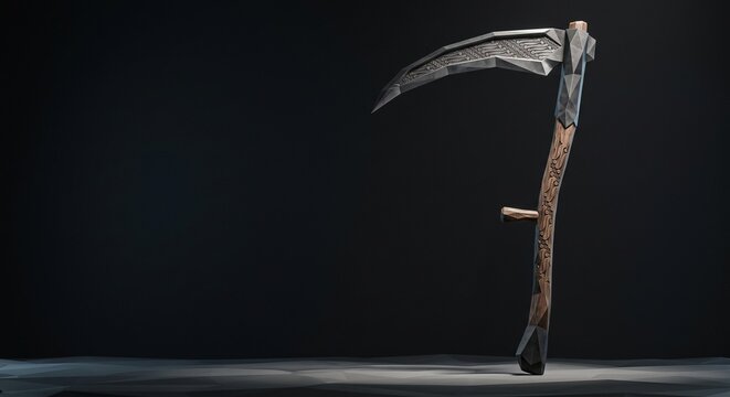 Low poly 3D render of a fantasy scythe weapon with traditional batik carved wooden handle and faceted metal blade