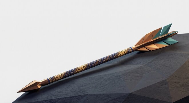 Low poly 3D render of a fantasy archery arrow featuring a faceted metallic tip and traditional batik pattern on the shaft