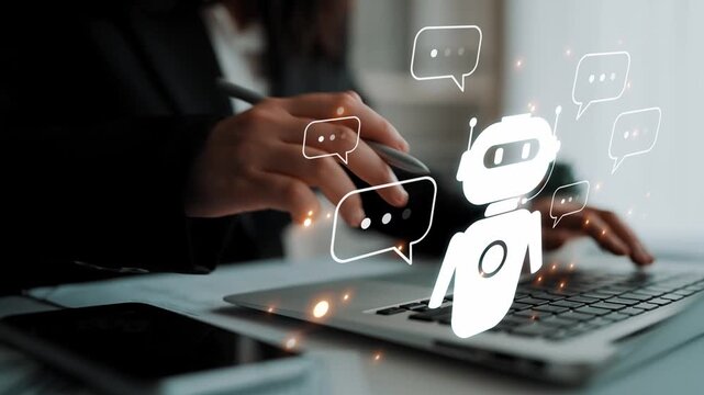 AI chatbot virtual assistant interacting with users through AI conversation bubbles, symbolizing AI automation, smart communication, and AI digital artificial intelligence help support Marrow