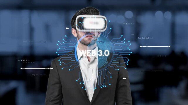 Man Wearing Virtual Reality Headset with Web3.0 Interface in Modern Office Environment Highlighting Digital Transformation and Technology Integration. Entropy.