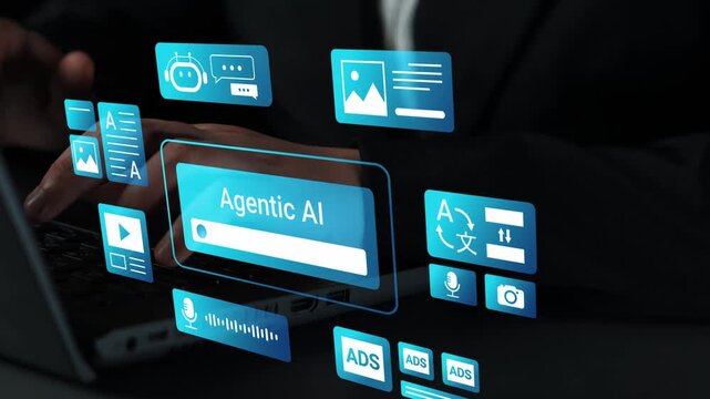 Modern technology interface showcasing Agent AI with icons for ads, images, videos, and translation services, illustrating digital marketing evolution Gluon.