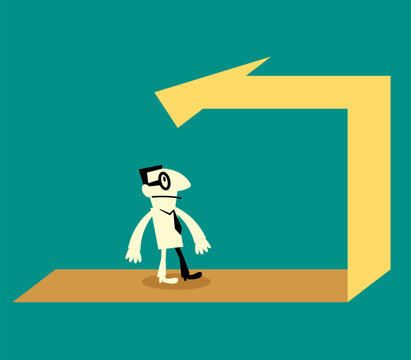 Flat vector illustration of a thoughtful businessman walking forward while a giant yellow arrow bends backward above his head. For concepts like setbacks, U-turns, regression, and career obstacles. 
