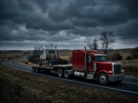 Red semi truck hauling tractor on flatbed trailer, winding rural road, dramatic stormy sky, logistics transport