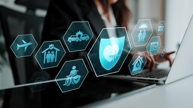 Security and insurance concept showing protection coverage for health, travel, home, car, life, and financial safety, emphasizing trust and policy assurance Marrow
