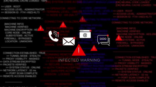 Cybersecurity infected warning alert system displaying critical system failure and digital data breach notification symbols on a dark background, with scrolling binary, code and network, security logs