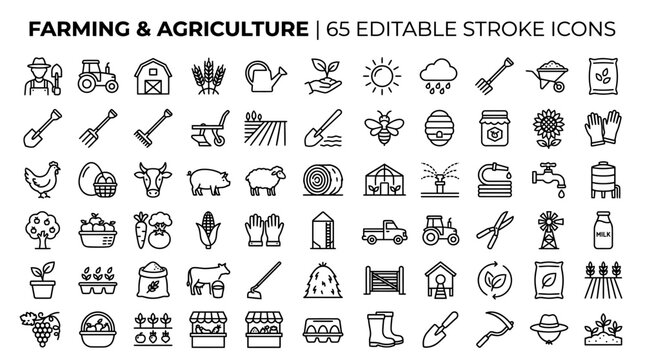 Farming and agriculture icon set, 65 editable stroke line icons. Minimalist farm equipment and livestock symbols for organic food branding.