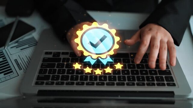 Business professional using laptop with digital quality assurance badge symbolizing trust and reliability in online services and product performance evaluation Gluon.