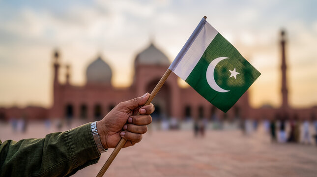 Hand holding a Pakistani flag outdoors with a mosque in the background