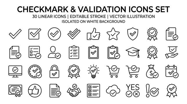 Checkmark and validation icons set, 30 linear icons with editable stroke, black vector symbols for business and web design