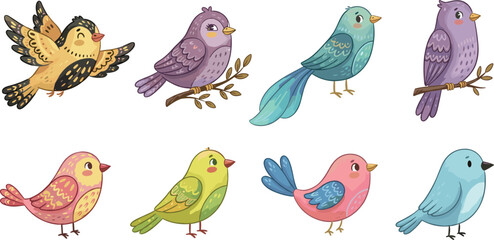 Fototapeta premium Cute Stylized Folk Art Winter Birds Clipart Set Featuring Pastel Colored Songbirds Perching Flying and Sitting on Branches for Scandinavian Designs