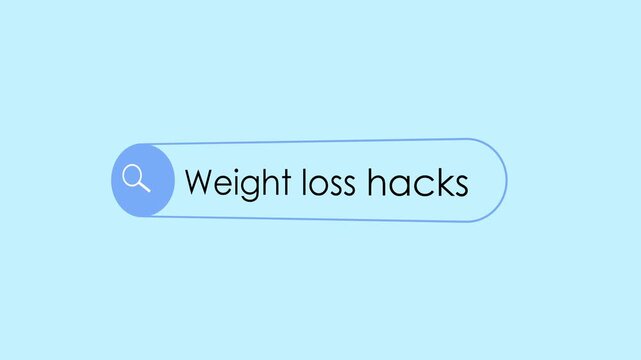 Animated search bar interface featuring weight loss hacks typing text query for digital marketing, health blog fitness app ui and online wellness research concepts on light blue background