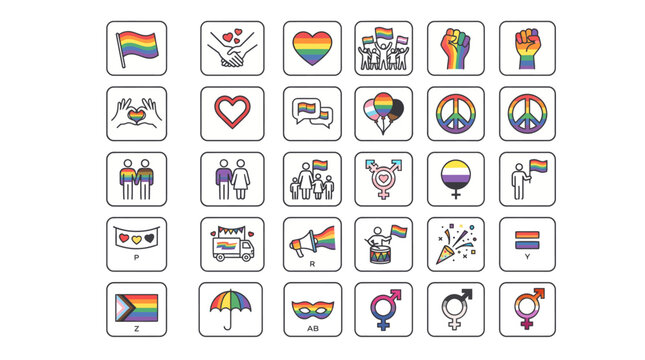 LGBTQ pride icons set, rainbow flag and gender symbols vector collection, 30 diverse queer community line art graphics for social media