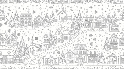 Naklejka premium Hand Drawn Winter Village Seamless Pattern