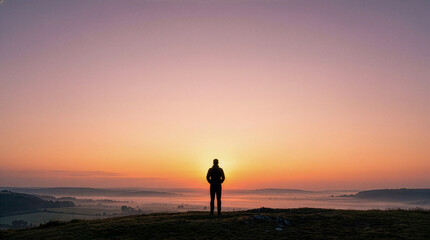 Fototapeta premium Silhouette of a person standing on a hilltop beneath a colorful sunrise