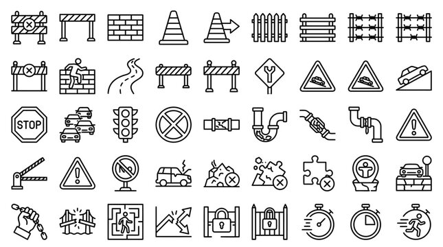 Road block line icons set, 40 construction barrier and traffic obstacle vector symbols, black outline street warning signs collection