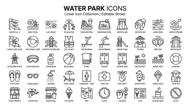 Water park icons set, linear icon collection with editable stroke. Aqua park symbols for summer recreation and swimming pool activities.