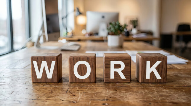 Work Blocks On Rustic Office Desk Representing Business Productivity, Teamwork And Career Focus